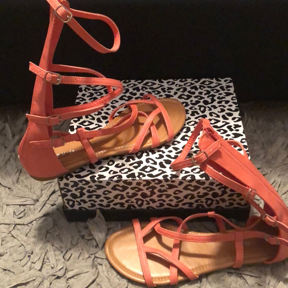 Flat High Calf Rise Criss Cross Sandals- Coral